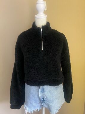 ITALIAN Plush Black Half-Zip Sherpa Pullover Hoodie